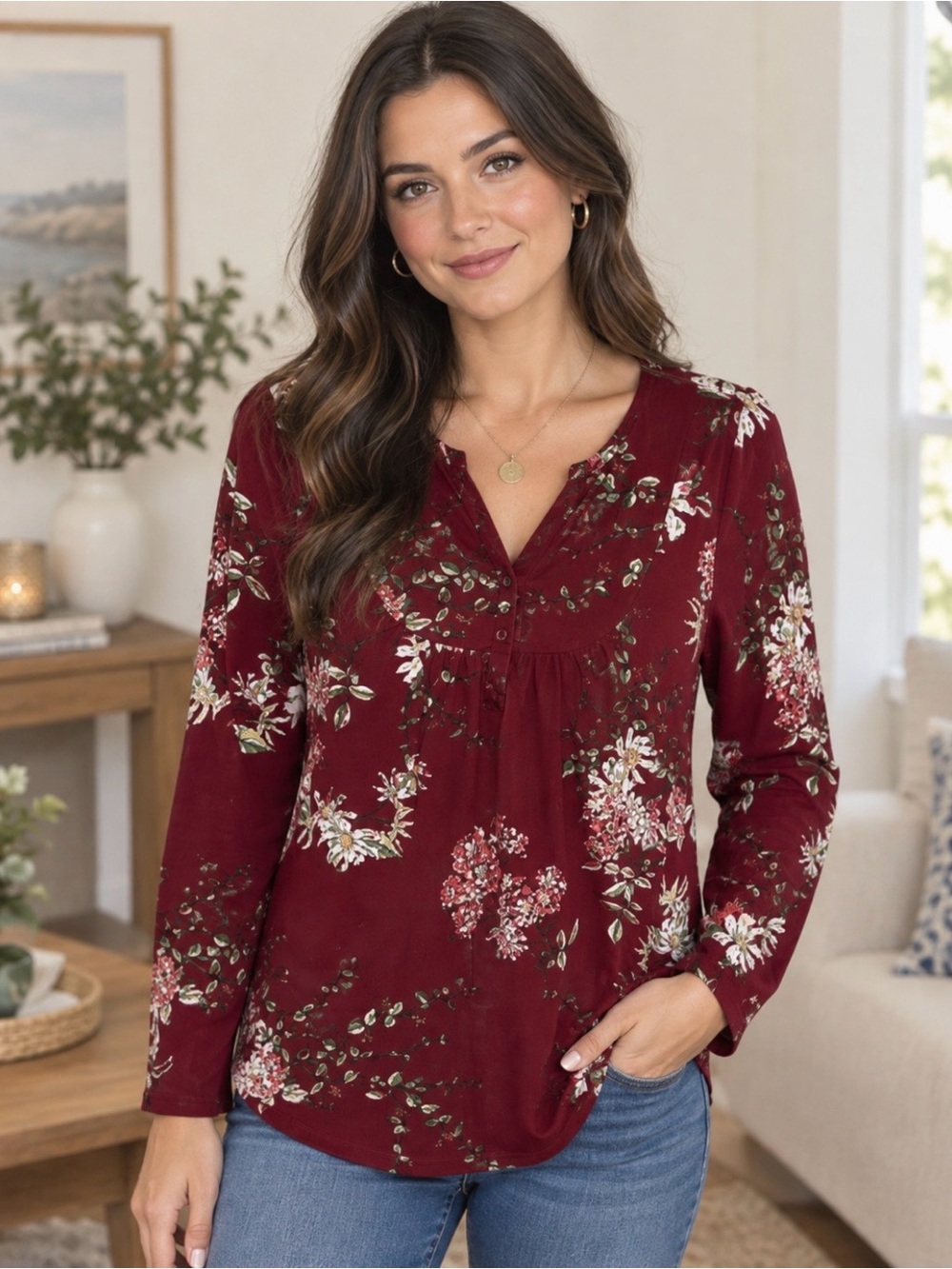 a.Jesdani Burgundy Floral Blouse Whimsigoth Feminine Romantic Long Sleeve Size M